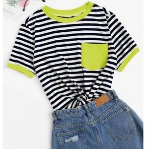 SHEIN Neon Green pocket stripe tee